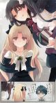 azumi_(myameco) bell black_bow black_dress black_hair blonde_hair bow box capelet chaldea_uniform dress earrings ereshkigal_(fate) eyebrows_visible_through_hair fate/grand_order fate_(series) fujimaru_ritsuka_(male) fur-trimmed_capelet fur-trimmed_sleeves fur_trim gift gift_box hair_bow holding holding_gift ishtar_(fate) jewelry jingle_bell licking_lips long_hair looking_at_another multiple_views necklace pearl_necklace red_eyes short_hair shota simple_background smile speech_bubble tongue tongue_out twintails two_side_up white_bow 