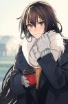  1girl alternate_costume black_coat black_hair blush closed_mouth coat coffee_cup cup disposable_cup eyebrows_visible_through_hair fringe_trim gloves grey_gloves hair_between_eyes highres holding holding_cup kantai_collection kasumi_(skchkko) long_hair long_sleeves nagato_(kancolle) red_eyes scarf smile solo upper_body white_scarf 