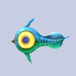  animal_focus blue_background brown_eyes bubble character_name colored_sclera commentary english_text fish from_side highres medama_(medamaxx) no_humans peeper_(subnautica) profile simple_background solo subnautica yellow_sclera 