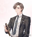  1boy artem_wing_(tears_of_themis) bangs belt black_jacket blue_eyes blue_necktie book brown_hair closed_mouth formal highres holding holding_book jacket looking_at_viewer necktie noni_(user_acyt3354) open_clothes open_jacket polo_shirt shirt short_hair simple_background smile solo tears_of_themis white_background white_shirt 