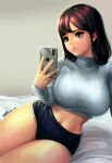  1girl apple_inc. artist_name bangs blue_shorts bralines breasts brown_eyes brown_hair cellphone closed_mouth commentary cropped_sweater dated eyelashes hand_up highres holding holding_phone huge_breasts indoors iphone katoyo85 leaning_to_the_side legs_together long_hair long_sleeves looking_at_phone midriff navel on_bed original phone ribbed_sweater short_shorts shorts sitting smartphone solo stomach sweater thighs turtleneck turtleneck_sweater 