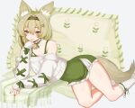  1girl animal_ear_fluff animal_ears arknights bangs bare_shoulders beanstalk_(arknights) beanstalk_(gift_uncompleted)_(arknights) bell collar collarbone cturasl dress eyebrows_visible_through_hair green_dress green_hairband grey_background grey_hair hair_between_eyes hair_ornament hairband hairclip hand_up kneehighs long_sleeves looking_at_viewer nail_art neck_bell off-shoulder_sweater off_shoulder official_alternate_costume pencil_dress red_eyes short_dress short_hair simple_background sleeves_past_wrists smile solo spaghetti_strap sweater thighs white_legwear white_sweater 