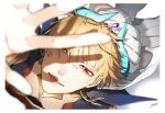  1boy arabian_clothes bangs blonde_hair earrings fate/grand_order fate_(series) gilgamesh_(caster)_(fate) gilgamesh_(fate) hair_between_eyes hair_ornament headdress highres jewelry looking_at_viewer male_focus open_mouth red_eyes short_hair siwasu1209 smile solo 