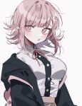  1girl 3j_dangan :o animal_bag bangs black_shirt breasts brown_shirt cat_bag danganronpa_(series) danganronpa_2:_goodbye_despair dress_shirt eyebrows_visible_through_hair flipped_hair galaga grey_background hair_ornament hairclip highres jacket large_breasts long_sleeves looking_at_viewer medium_hair messy_hair nanami_chiaki neck_ribbon off_shoulder open_mouth pink_bag pink_eyes pink_ribbon ribbon shirt shirt_tucked_in simple_background sketch skirt solo teeth upper_body upper_teeth white_shirt 