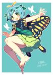  1girl antennae aqua_hair bare_legs barefoot blush border butterfly_wings dated dress eternity_larva eyebrows_visible_through_hair fairy full_body green_dress hair_between_eyes highres leaf leaf_on_head multicolored_clothes multicolored_dress open_mouth outstretched_arms sakaki_(utigi) short_hair short_sleeves signature single_strap smile solo spread_arms touhou white_border wings yellow_eyes 