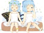 2girls anklet antennae antidote aqua_hair barefoot blue_bow blue_eyes blue_flower blue_hair blush bow butterfly_wings cirno closed_eyes dress eternity_larva eyebrows_visible_through_hair fairy flower hair_between_eyes hair_bow ice ice_wings jewelry leaf leaf_on_head multiple_girls one_eye_closed open_mouth short_hair simple_background sitting sleeveless sleeveless_dress smile spaghetti_strap touhou triangle_mouth white_background white_dress wings yellow_flower 