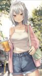  1girl antenna_hair bag bangs blurry blurry_background breasts brown_eyes commentary_request cup day denim denim_shorts disposable_cup drinking_straw grey_hair highres holding holding_cup isegawa_yasutaka jacket large_breasts nail_polish off_shoulder original outdoors pink_jacket pink_nails shorts smile solo tank_top updo 