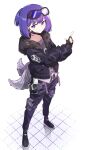  1girl absurdres andreana_(arknights) arknights blue_eyes blue_hair fingerless_gloves fur-trimmed_jacket fur_trim gloves goggles goggles_on_head highres jacket mask mask_pull mouth_mask pants ryota_tentei smile tentacles thigh_pouch 