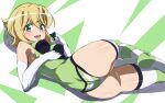  1girl absurdres akatsuki_kirika ass blonde_hair breasts covered_nipples elbow_gloves from_behind gloves green_eyes green_leotard hair_ornament highres leotard looking_at_viewer looking_back lying medium_breasts on_side open_mouth senki_zesshou_symphogear shiny shiny_hair shiny_skin short_hair shou937 smile solo striped striped_legwear teeth thigh-highs x_hair_ornament 