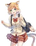  1girl :d alternate_costume animal_ears arknights bag bangs blonde_hair bow bowtie brown_cardigan cardigan cat_ears cat_girl cat_tail clenched_hand commentary_request cowboy_shot eyebrows_visible_through_hair garvini green_eyes highres infection_monitor_(arknights) long_sleeves mousse_(arknights) multicolored_hair multiple_tails open_mouth pleated_skirt red_bow red_bowtie school_bag shirt simple_background skirt smile solo tail v white_background white_hair white_shirt 
