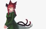  1girl animal_ear_fluff animal_ears blush bow braid cat_ears cat_tail dress extra_ears green_dress grey_background haneda_tomo highres interlocked_fingers kaenbyou_rin multiple_tails puffy_sleeves red_eyes redhead shadow simple_background slit_pupils smile solo tail touhou twin_braids two_tails 