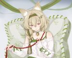 1girl animal_ear_fluff animal_ears arknights bangs bare_shoulders beanstalk_(arknights) beanstalk_(gift_uncompleted)_(arknights) bell blush braid collar collarbone cturasl eyebrows_visible_through_hair green_hairband grey_background grey_hair hair_between_eyes hairband long_hair long_sleeves looking_at_viewer neck_bell off-shoulder_sweater off_shoulder official_alternate_costume red_eyes single_braid sleeves_past_wrists smile solo sweater upper_body white_sweater 