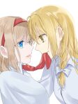  2girls absurdres alice_margatroid bangs blonde_hair blue_eyes bow braid breasts brown_hair closed_mouth collar collared_shirt commentary_request eyebrows_visible_through_hair eyes_visible_through_hair hair_between_eyes hair_bow hairband highres kirisame_marisa light_brown_hair long_hair long_sleeves looking_at_another medium_breasts multiple_girls necktie no_hat no_headwear open_mouth red_hairband red_necktie shirt short_hair simple_background single_braid smile touhou tunokiti upper_body white_background white_bow white_shirt yellow_eyes 