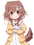 1girl :3 animal_collar animal_ears bangs blush bone_hair_ornament braid breasts brown_eyes brown_hair buttons closed_mouth collar dog_ears dog_girl dog_tail dress extra_ears hair_between_eyes hair_ornament hairclip hololive inugami_korone jacket large_breasts long_hair looking_at_viewer low_twin_braids off_shoulder open_clothes open_jacket rabiiandrain red_collar sleeveless sleeveless_dress smile solo tail twin_braids v-shaped_eyebrows virtual_youtuber white_dress yellow_jacket 