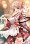  1girl apron bangs blonde_hair blurry blurry_background blush breasts chiachun0621 commentary_request ereshkigal_(fate) eyebrows_visible_through_hair fate/grand_order fate_(series) floral_print food hair_ornament highres holding ice_cream indoors japanese_clothes long_hair long_sleeves looking_at_viewer maid maid_headdress medium_breasts open_mouth red_eyes shiny shiny_hair simple_background smile solo striped tied_hair tray twintails wide_sleeves 
