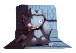  banette commentary_request full_body highres looking_at_viewer nanashi_nasi no_humans pink_eyes pokemon pokemon_(creature) sitting smile solo zipper zipper_pull_tab 