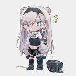  1girl ? animal_ears arknights aurora_(arknights) bangs bear_ears belt black_belt black_gloves black_hairband black_shirt black_shorts blue_eyes chibi commentary crop_top eyebrows_visible_through_hair eyes_visible_through_hair full_body gloves grey_background grey_footwear hair_over_one_eye hairband highres infection_monitor_(arknights) long_hair long_sleeves looking_at_viewer midriff nats_(d0ughnats) navel shirt shoes short_shorts shorts shrug_(clothing) silver_hair simple_background solo standing stomach very_long_hair 