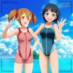  2girls aqua_eyes black_eyes blue_sky blue_swimsuit blurry blurry_background bob_cut bodysuit breasts brown_hair clouds competition_swimsuit day hair_ornament hair_ribbon hairclip highres kirigaya_suguha looking_at_viewer medium_breasts multicolored_clothes multiple_girls one-piece_swimsuit open_mouth outdoors red_eyes red_wetsuit ribbon round_teeth short_hair shugo19 silica sky smile swimsuit sword_art_online teeth twintails upper_teeth v viewfinder waving wetsuit 