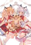  &gt;_o 2girls absurdres animal_ears animal_hands bangs bare_shoulders blonde_hair blush cheek_pinching cindala detached_sleeves dress fang granblue_fantasy highres long_hair looking_at_viewer mayutsuba_mono multiple_girls one_eye_closed open_mouth orange_eyes parted_lips paw_shoes petticoat pinching red_dress skin_fang sleeveless sleeveless_dress tail tiger tiger_cub tiger_ears tiger_girl tiger_paws tiger_tail twintails v white_hair wide_sleeves 