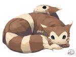  :&lt; absurdres brown_fur closed_mouth commentary_request frown furret highres looking_at_viewer lying no_humans on_stomach pokemon pokemon_(creature) signature white_background yunimaru 