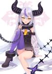  1girl :d absurdres ahoge chain collar demon_girl eyebrows_visible_through_hair fang flat_chest grey_hair hair_between_eyes highres hololive horns la+_darknesss long_hair long_sleeves looking_at_viewer metal_collar multicolored_hair neckerchief pointy_ears purple_hair purple_legwear simple_background single_thighhigh sitting smile solo streaked_hair striped_horns thigh-highs very_long_hair virtual_youtuber white_background yellow_eyes yuzukicture 