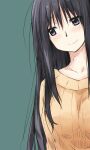  1girl black_hair blush breasts character_request closed_mouth kagiana long_hair simple_background smile solo sweater violet_eyes 