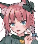  1girl alternate_eye_color animal_ear_fluff animal_ears bell biting blush bow braid cat_ears close-up dress frills green_dress green_eyes highres kaenbyou_rin mizking317 neck_bell portrait redhead solo sparkle tongue tongue_out touhou tsurime twin_braids white_background 