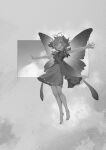  1girl antennae bare_legs barefoot butterfly_wings dress eternity_larva eyebrows_visible_through_hair fairy full_body greyscale hair_between_eyes leaf leaf_on_head monochrome open_mouth outstretched_arms short_hair single_strap smile solo spread_arms touhou wings yamamomo_(plank) 