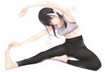  1girl ama_mitsuki armpits barefoot black_hair black_legwear closed_eyes closed_mouth commentary_request full_body highres leggings original pantylines simple_background solo sports_bra sportswear stretch white_background 