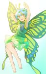  1girl antennae aqua_hair bare_legs barefoot blush butterfly_wings dress eternity_larva eyebrows_visible_through_hair fairy full_body green_dress hair_between_eyes leaf leaf_on_head multicolored_clothes multicolored_dress open_mouth orange_eyes rangycrow short_hair short_sleeves single_strap smile solo touhou wings 