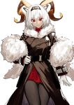  1girl absurdres animal_ear_fluff animal_ears arknights black_coat black_legwear carnelian_(arknights) carnelian_(hohenlohe_chillysand)_(arknights) chinese_commentary closed_mouth coat commentary_request cowboy_shot dark-skinned_female dark_skin feather_boa fur_collar gloves goat_ears goat_horns hand_on_hip highres horns long_sleeves looking_at_viewer medium_hair official_alternate_costume pantyhose red_eyes red_skirt renxzd simple_background skirt solo white_background white_gloves white_hair 