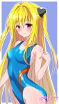  1girl artist_name blonde_hair blue_background blue_swimsuit border commentary_request competition_swimsuit cowboy_shot highres konjiki_no_yami long_hair looking_at_viewer one-piece_swimsuit red_eyes solo swimsuit to_love-ru two-tone_background two_side_up very_long_hair white_border yuyayomi 