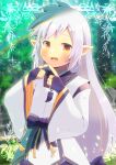  1girl :d blurry blurry_background blush bridal_gauntlets brown_eyes commission copyright_request depth_of_field fang fingers_together grey_hair kou_hiyoyo long_hair long_sleeves looking_at_viewer pointy_ears skeb_commission smile solo very_long_hair wide_sleeves 