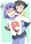  2boys 51487 absurdres age_regression ash_ketchum blue_hair chibi embarrassed green_eyes highres hug hug_from_behind james_(pokemon) male_focus multiple_boys pokemon_(creature) team_rocket younger 