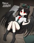  1girl absurdres ahoge bed bird_wings black_hair black_legwear blush bow breasts character_name eyebrows_visible_through_hair eyes_visible_through_hair full_body green_skirt highres indoors long_hair looking_at_viewer lying no_shoes on_back open_mouth pillow pixel_art puffy_sleeves red_eyes reiuji_utsuho sechy shirt skirt third_eye touhou wings 