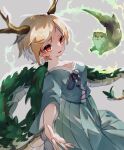  1girl antlers ayahi_4 blonde_hair blue_bow blue_shirt blue_skirt bow breasts dragon_girl dragon_horns dragon_tail eyelashes fang highres horns kicchou_yachie long_sleeves otter otter_spirit_(touhou) red_eyes shirt short_hair skirt small_breasts tail touhou turtle_shell 