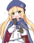  1girl :o artoria_pendragon_(caster)_(fate) artoria_pendragon_(fate) black_gloves blonde_hair blue_bow blue_bowtie blue_cape blue_headwear blush bow bowtie buttons cape double-breasted dress embarrassed eyebrows_visible_through_hair fate/grand_order fate_(series) flying_sweatdrops gloves green_eyes hat long_hair long_sleeves looking_at_viewer open_mouth rabiiandrain red_cape simple_background solo twintails two-sided_cape two-sided_fabric white_background white_dress 