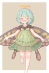  1girl adapted_costume antennae aqua_hair arinu bare_legs barefoot blush border butterfly_wings collarbone dress eternity_larva eyebrows_visible_through_hair fairy green_dress hair_between_eyes highres layered_dress multicolored_clothes multicolored_dress open_mouth puffy_short_sleeves puffy_sleeves short_hair short_sleeves smile solo touhou white_border wings 