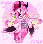  1girl dango empty_eyes flower food friday_night_funkin&#039; holding_food japanese_clothes kimono larahhhhhhish mid-fight_masses_(friday_night_funkin&#039;) pink_hair pink_kimono sarvente_(friday_night_funkin&#039;) smile solo sparkle standing white_skin 