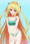  1girl aqua_background bikini blonde_hair breasts cowboy_shot green_bikini highres konjiki_no_yami leaning_forward long_hair looking_at_viewer red_eyes small_breasts solo standing swimsuit to_love-ru two_side_up very_long_hair yuyayomi 