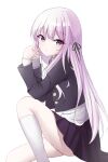  1girl absurdres bangs black_jacket black_ribbon closed_mouth danganronpa:_trigger_happy_havoc danganronpa_(series) eyebrows_visible_through_hair foot_out_of_frame gloves grey_background hair_ribbon highres jacket kirigiri_kyouko kneehighs long_hair long_sleeves miniskirt necktie open_clothes open_jacket pleated_skirt purple_hair ribbon shiny shiny_hair shirt simple_background skirt slepii4 solo violet_eyes white_shirt 