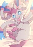  absurdres bed_sheet blue_eyes blush closed_mouth commentary_request from_above highres katsukare looking_at_viewer lying no_humans on_side pokemon pokemon_(creature) solo sylveon toes 