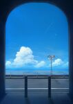  alu.m_(alpcmas) bird blue_sky bollard clouds day highres no_humans original outdoors railing road scenery shadow signature sky traffic_mirror 