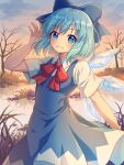  1girl :d absurdres bangs bare_tree blue_bow blue_dress blue_eyes blue_hair blush bow brown_background caramell0501 cirno collared_shirt commentary detached_wings dress eyebrows_visible_through_hair fairy hair_bow hand_up highres ice ice_wings looking_at_viewer open_mouth red_bow red_neckwear shirt short_sleeves sleeveless sleeveless_dress smile solo symbol-only_commentary touhou tree white_shirt wings 