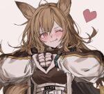  1girl :p animal_ears aogisa arknights brown_hair ceobe_(arknights) heart heart_hands long_hair looking_at_viewer one_eye_closed red_eyes tongue tongue_out 