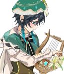  1boy bangs black_hair blue_eyes blue_hair blush bow braid cape closed_mouth flower fractalmagnolia genshin_impact gradient_hair green_headwear hat hat_flower holding holding_instrument instrument long_sleeves lyre male_focus multicolored_hair music playing_instrument profile simple_background solo symbol-only_commentary twin_braids upper_body venti_(genshin_impact) white_background white_flower 