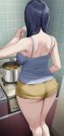  1girl ass back bare_arms bare_shoulders blue_hair blue_shirt breasts cooking from_behind highres indoors large_breasts long_hair oekakizuki original plate pot shirt short_shorts shorts sleeveless solo standing stove thighs tile_wall tiles yellow_shorts 