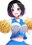  1girl absurdres blue_eyes breasts cheerleader collarbone elma_(maidragon) highres isocha kobayashi-san_chi_no_maidragon large_breasts looking_at_viewer midriff multicolored_hair navel open_mouth pleated_skirt pom_pom_(cheerleading) short_hair simple_background skirt solo two-tone_hair white_background 