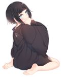  1girl barefoot black_hair blue_eyes full_body highres looking_at_viewer looking_back original otokuyou short_hair sidelocks simple_background sitting soles solo wariza white_background 