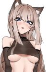  1girl :3 :p animal_ears blue_eyes blush breasts brown_hair cat_ears j.k. long_hair looking_at_viewer medium_breasts original personification simple_background smile solo tongue tongue_out under_boob white_background 